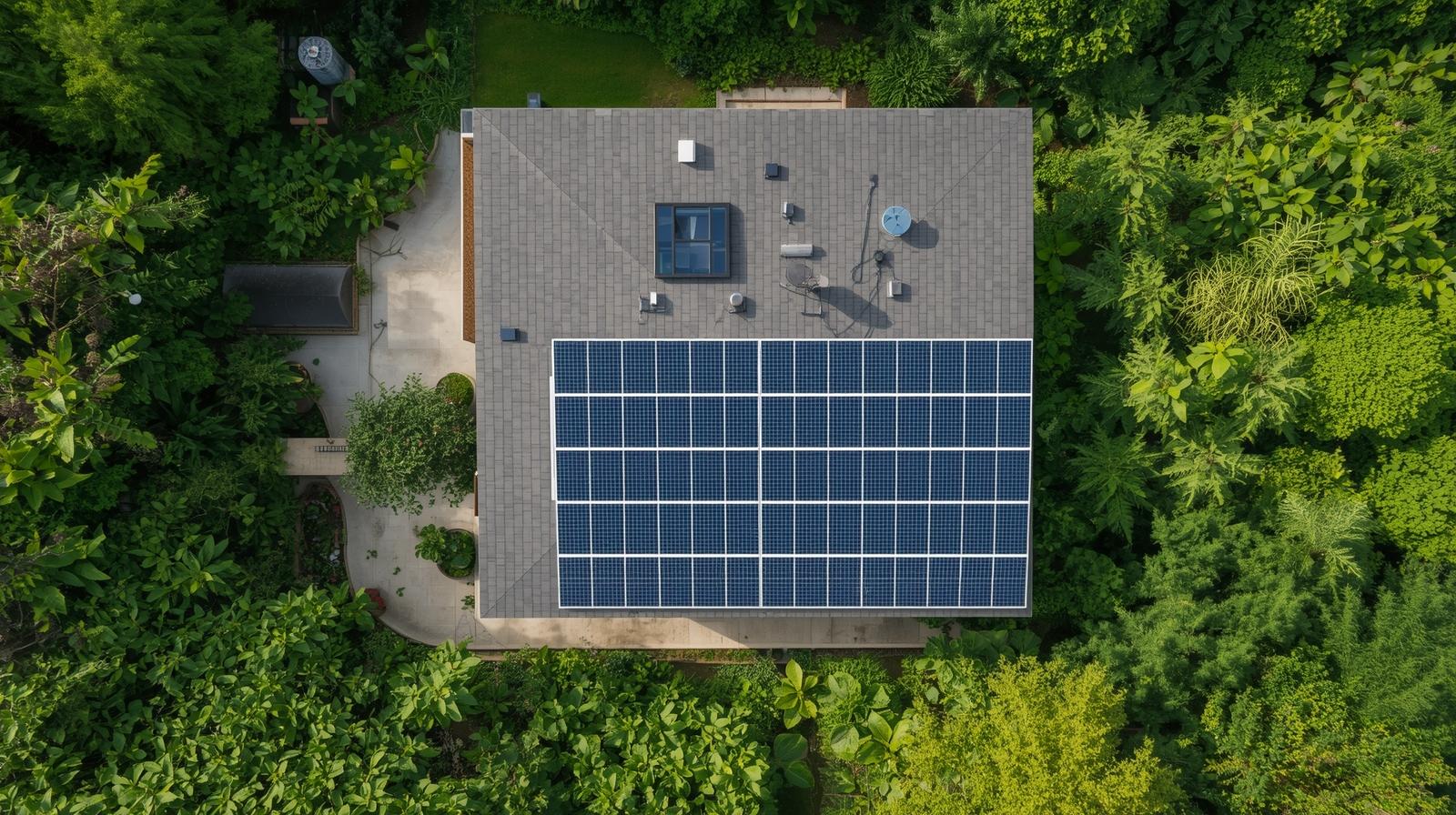 image of solar panells on house from sky but also green nature around